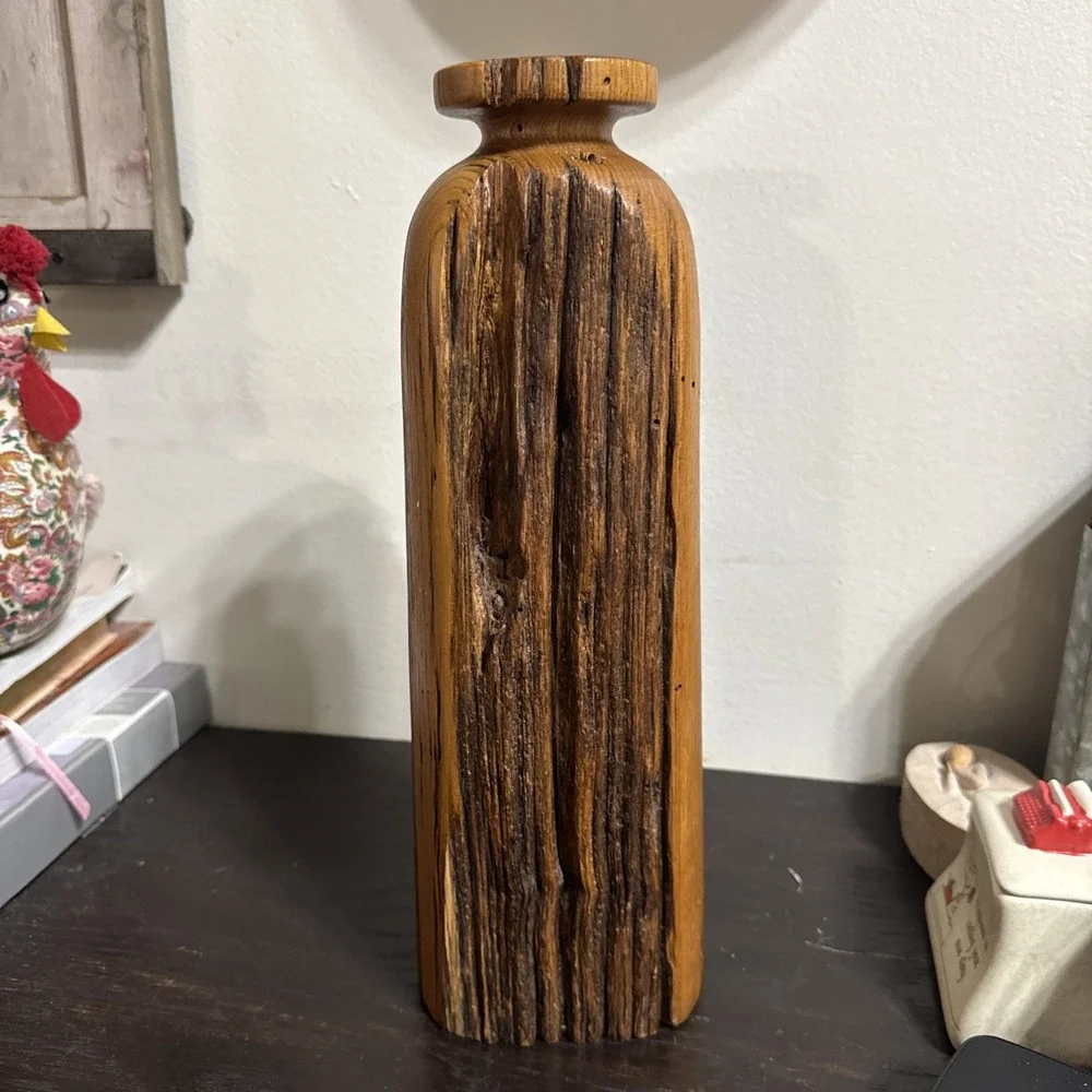Vtg Wood Bud Vase Sculpture Carving 14.25